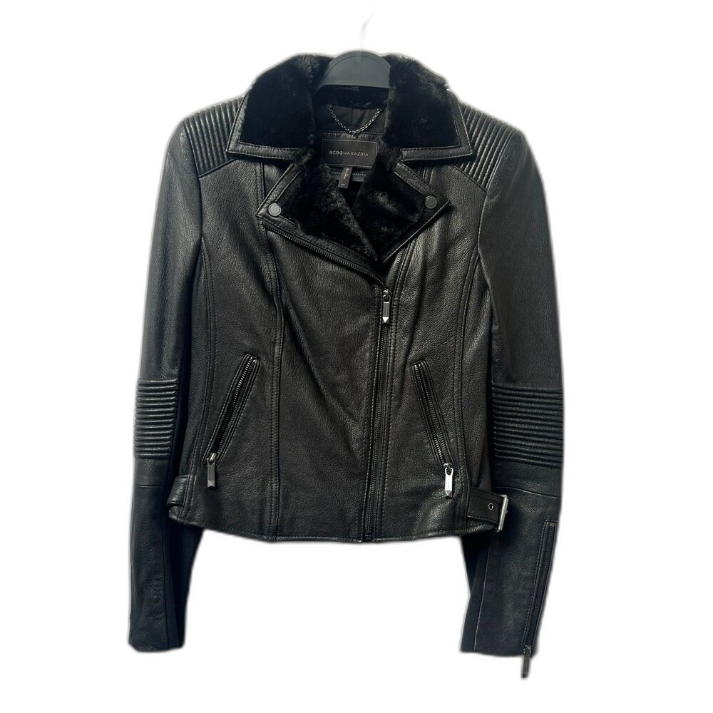 BCBGMaxAzria Charlie Zip Black Leather Moto Jacket $598 Zippered Sleeves Back XS
